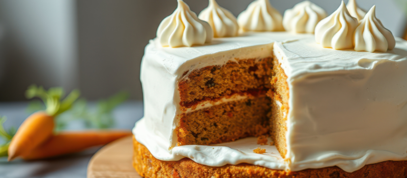 Ciasto marchewkowe położone na stole.