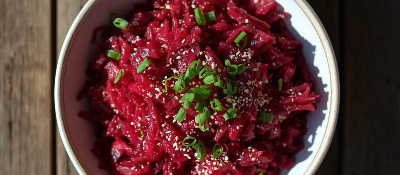 Buraczki z chrzanem podane w małej miseczce, tradycyjna wigilijna surówka o intensywnym czerwonym kolorze