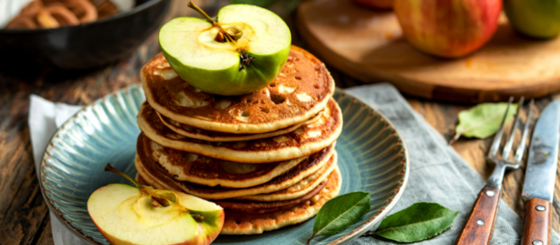 Talerz racuchów z jabłkami, udekorowany połówką jabłka.