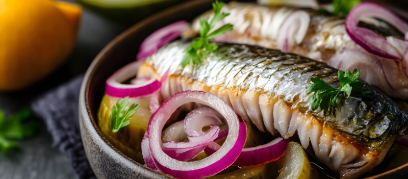 Śledzie w oleju z cebulą podane w szklanym naczyniu, klasyczne danie wigilijne o prostym i tradycyjnym smaku.