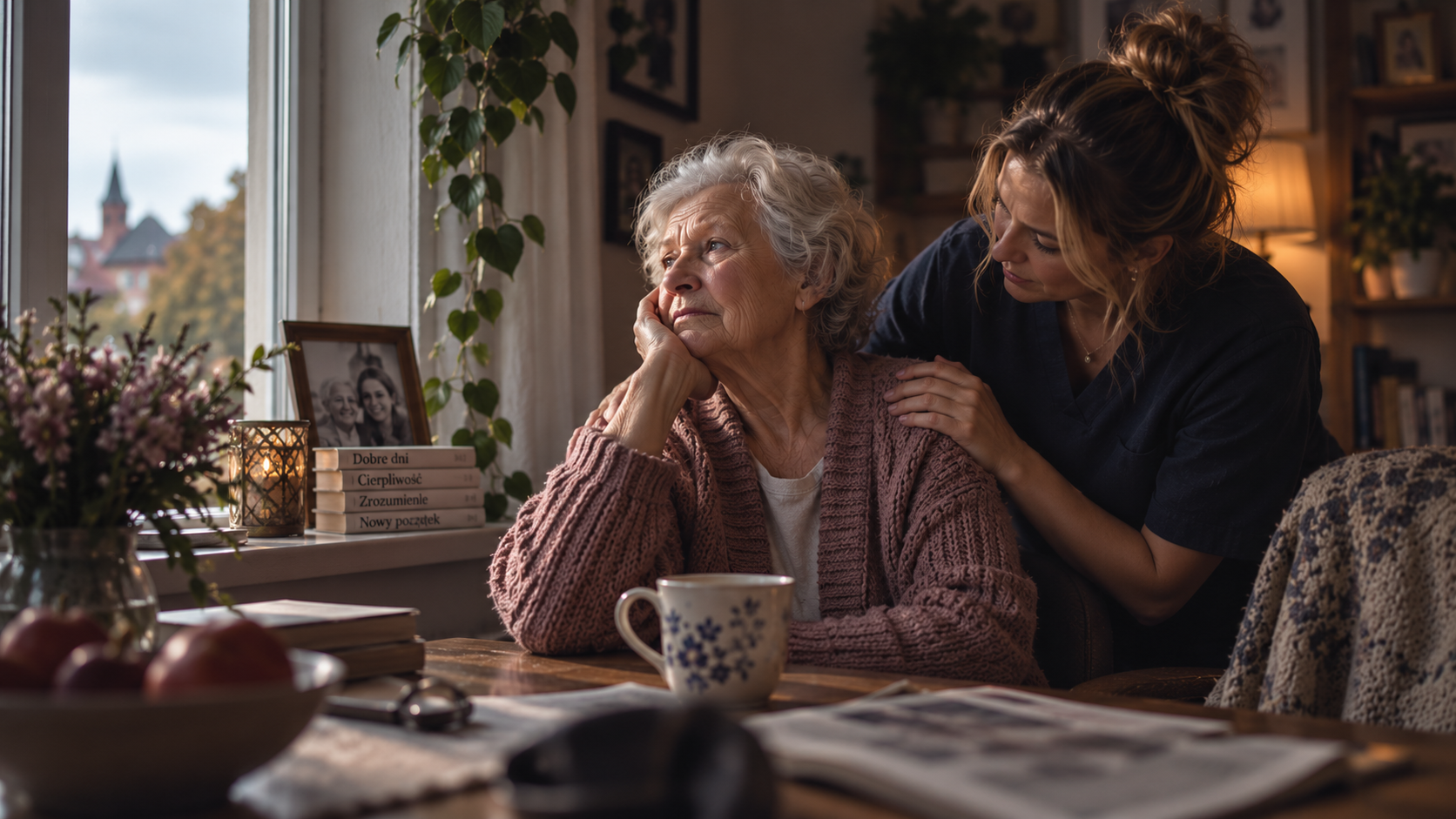 Opiekunka wspiera seniorkę siedzącą przy oknie. Kobieta wygląda na zamyśloną, a opiekunka kładzie jej dłoń na ramieniu.