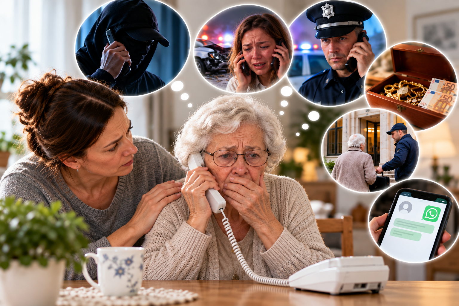 Opiekunka pomaga seniorce podczas próby oszustwa telefonicznego